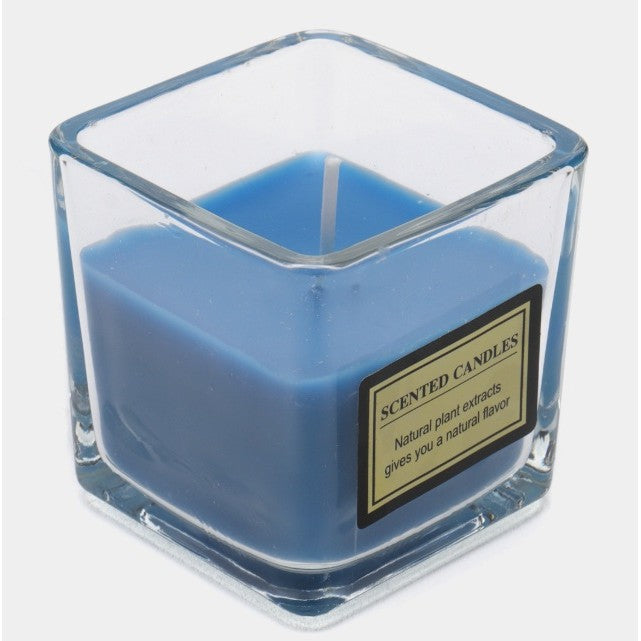 Lumânare Parfumată din Ceară Vegetală cu Uleiuri Esențiale, Sigură pentru Gravide și Sugari, Manuală, Pahar Sticlă Transparentă, Aromă Frezie, Albastru, 4.8 x 5.5 cm