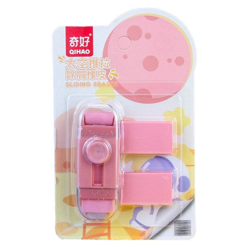 Radiera Retractabila pentru Elevi, Model Astronaut cu Mecanism Push-Pull, Reincarcabila, Plastic si Cauciuc Moale, Include 2 Rezerve, Roz