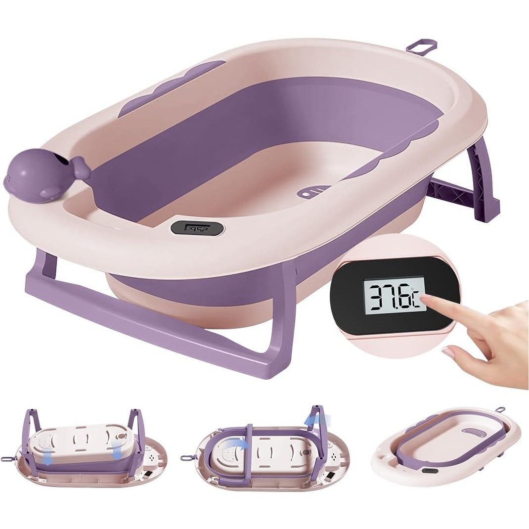 Cada de Baie Pliabila pentru Bebelusi si Copii 0 Luni - 6 Ani, Termometru Digital si Perna Suport Inclusa, Polipropilena si TPE, 81.5 x 49 x 21.5 cm, Mov