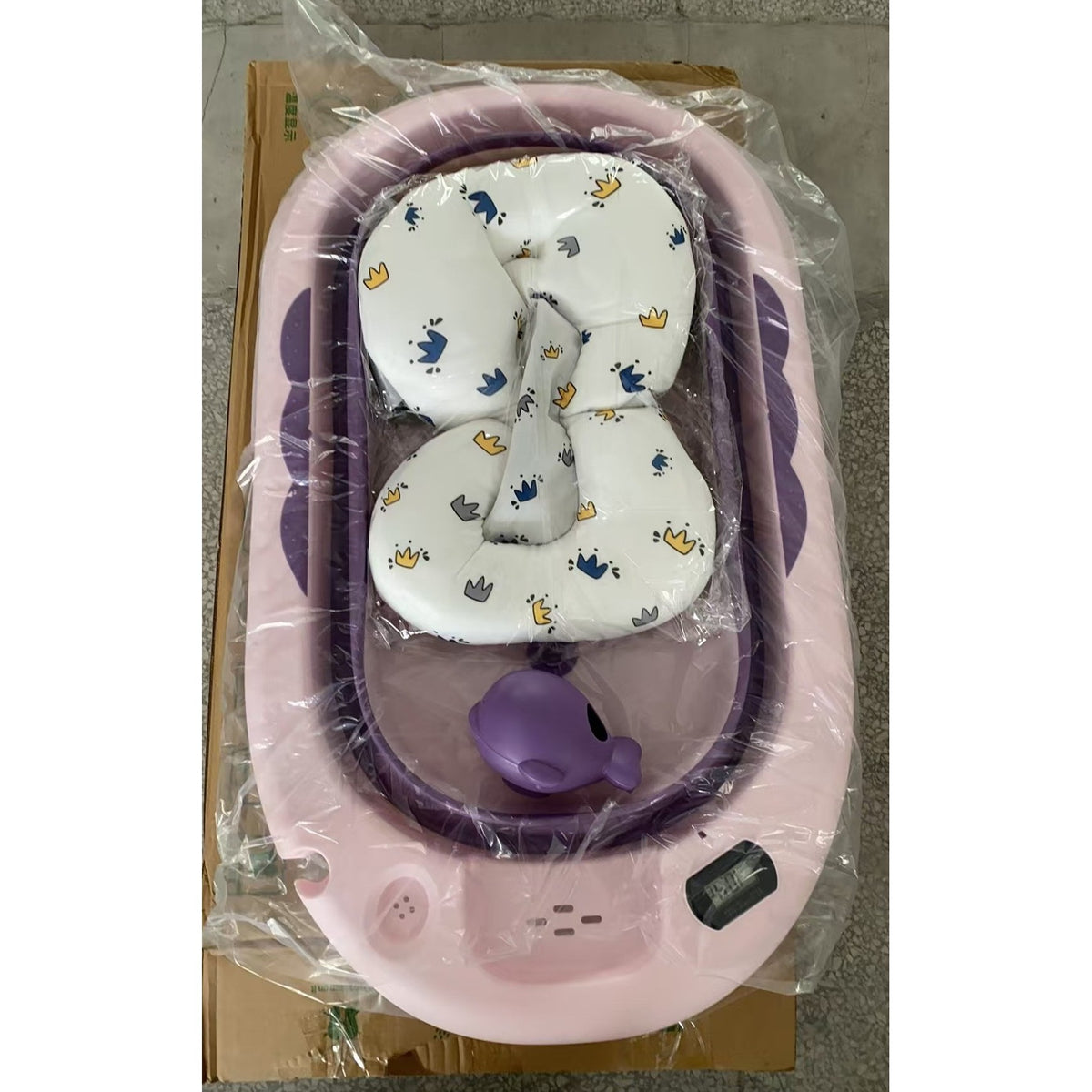 Cada de Baie Pliabila pentru Bebelusi si Copii 0 Luni - 6 Ani, Termometru Digital si Perna Suport Inclusa, Polipropilena si TPE, 81.5 x 49 x 21.5 cm, Mov