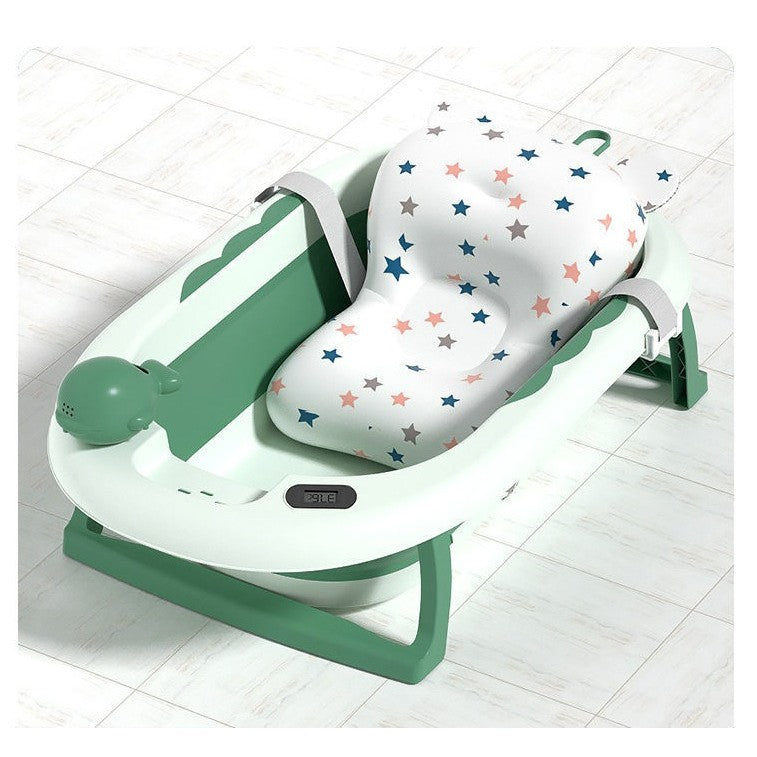 Cada de Baie Pliabila pentru Copii si Bebelusi, Termometru Digital si Perna Suport, Model Balena, Plastic PP si TPE, 0 Luni - 6 Ani, 81.5 x 49 x 21.5 cm, Verde