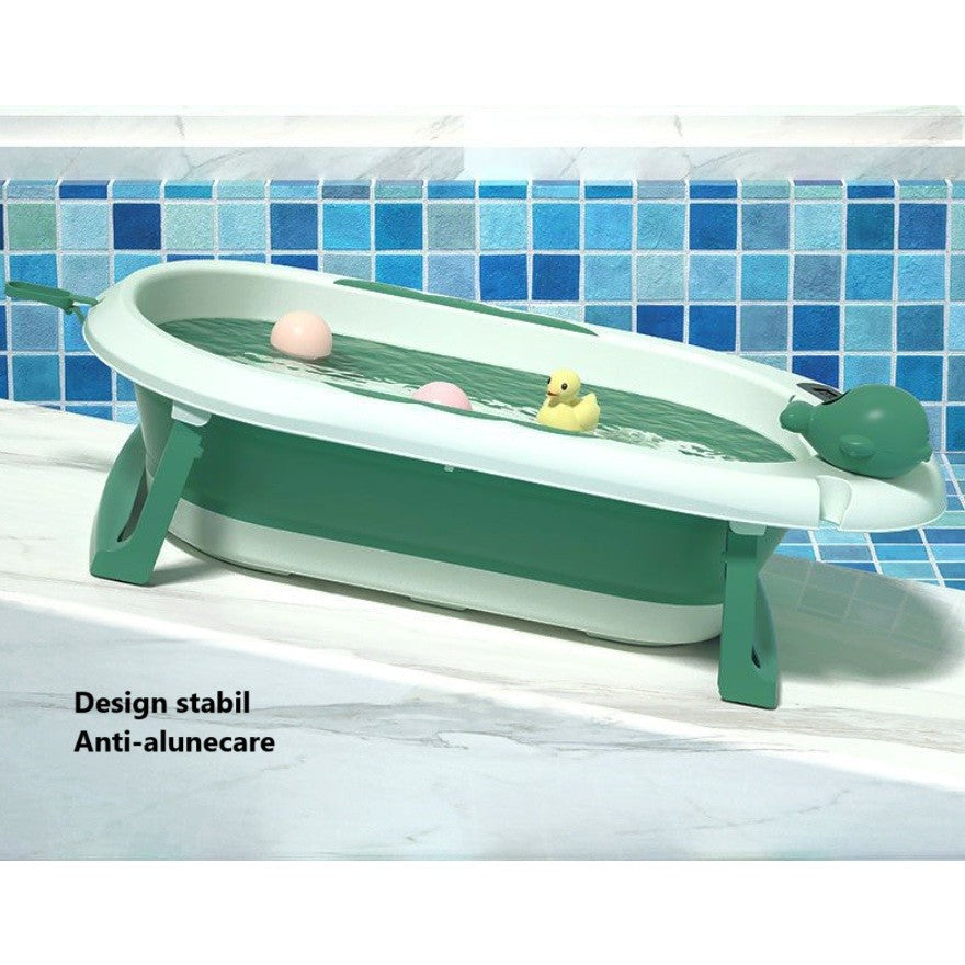 Cada de Baie Pliabila pentru Copii si Bebelusi, Termometru Digital si Perna Suport, Model Balena, Plastic PP si TPE, 0 Luni - 6 Ani, 81.5 x 49 x 21.5 cm, Verde