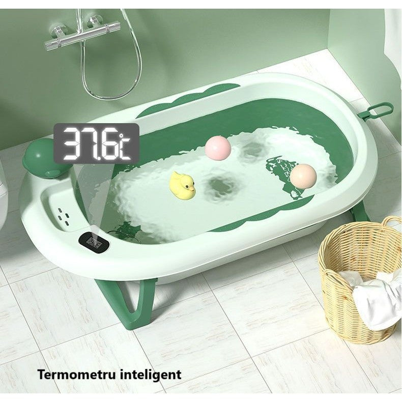 Cada de Baie Pliabila pentru Copii si Bebelusi, Termometru Digital si Perna Suport, Model Balena, Plastic PP si TPE, 0 Luni - 6 Ani, 81.5 x 49 x 21.5 cm, Verde