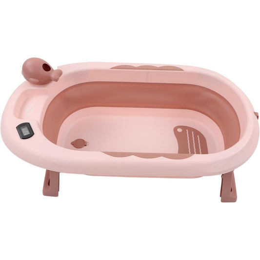 Cada de Baie Pliabila pentru Copii si Bebeluși, Termometru Digital si Perna Suport, Model Balena, Polipropilena si TPE, 0 Luni - 6 Ani, 81.5 x 49 x 21.5 cm, Roz