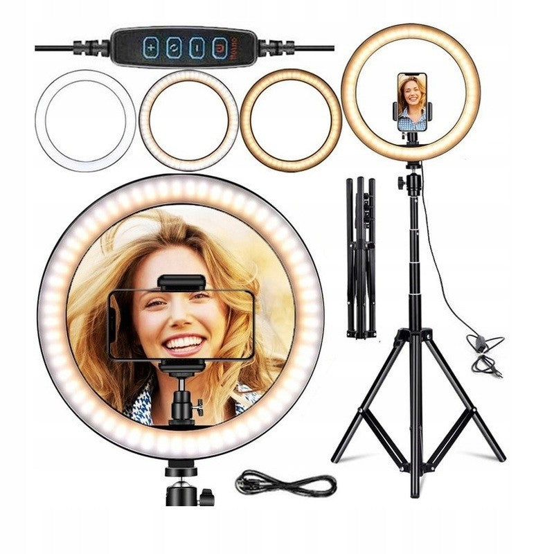 Lampa LED Circulara Ring Light, Trepied Metalic Extensibil 210 cm, Telecomanda, 3 Moduri Lumina, USB, Diametru 26 cm, Negru