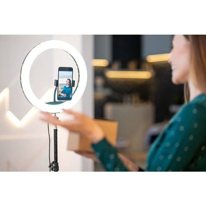 Lampa LED Circulara Ring Light, Trepied Metalic Extensibil 210 cm, Telecomanda, 3 Moduri Lumina, USB, Diametru 26 cm, Negru