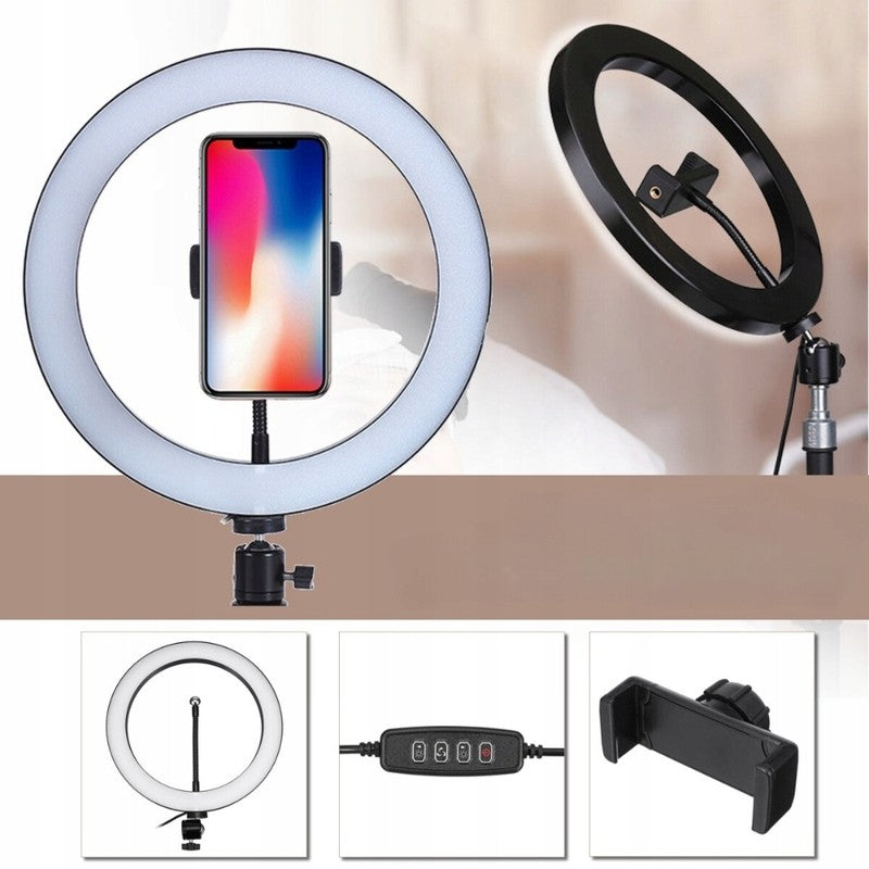 Lampa LED Circulara Ring Light, Trepied Metalic Extensibil 210 cm, Telecomanda, 3 Moduri Lumina, USB, Diametru 26 cm, Negru