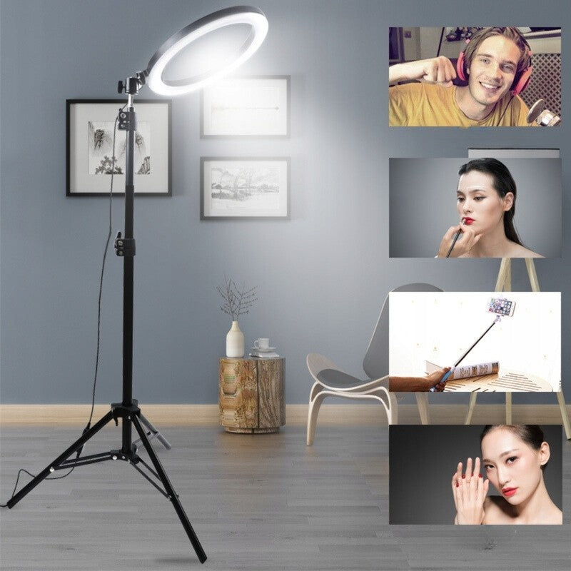 Lampa LED Circulara Ring Light, Trepied Metalic Extensibil 210 cm, Telecomanda, 3 Moduri Lumina, USB, Diametru 26 cm, Negru