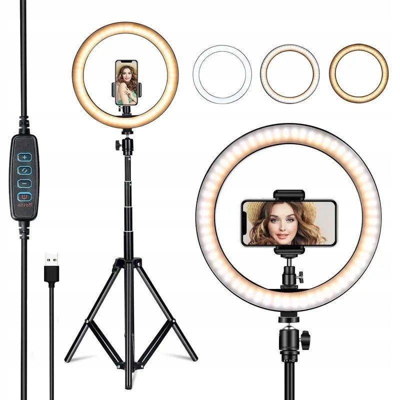 Lampa LED Circulara Ring Light, Trepied Metalic Extensibil 210 cm, Telecomanda, 3 Moduri Lumina, USB, Diametru 26 cm, Negru