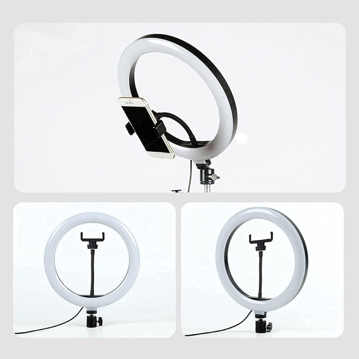 Lampa Circulara RingLight, Iluminare LED Profesionala pentru Machiaj si Vlog, 120 LED-uri, 3 Moduri Lumina, Intensitate Reglabila, Alimentare USB, Rotire 360 Grade, ABS, 26 cm, Negru