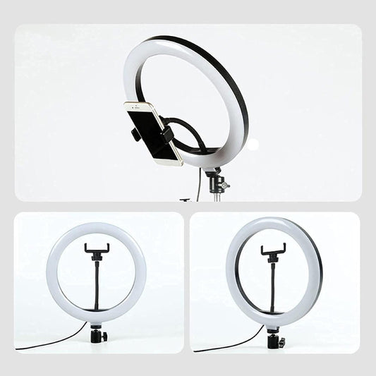 Lampa Circulara RingLight, Iluminare LED Profesionala pentru Machiaj si Vlog, 120 LED-uri, 3 Moduri Lumina, Intensitate Reglabila, Alimentare USB, Rotire 360 Grade, ABS, 26 cm, Negru