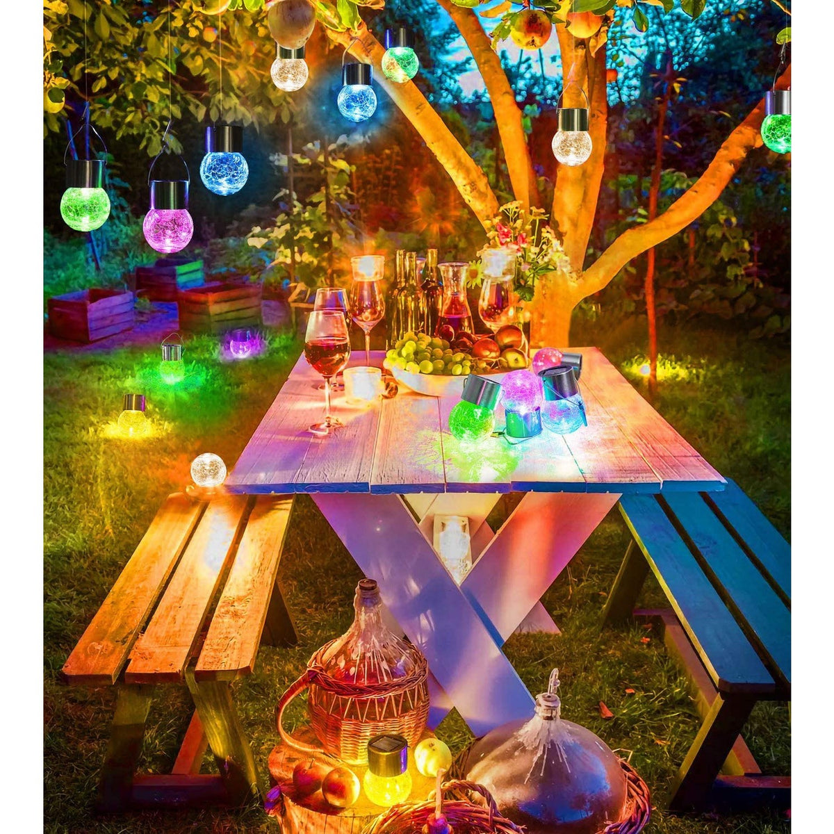 Lampă Solară LED Tip Candelabru, Decorativă pentru Grădină și Exterior, Impermeabilă, Bilă din Sticlă Crăpată, Alb Cald, 9 x 5 cm