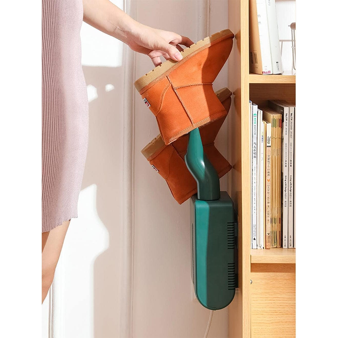 Uscator de Pantofi Electric, Functie de Dezinfectare UV si Dezodorizare cu Ozon, Montaj pe Perete fara Perforare, Timer 3 Trepte, Silentios, PVC, Verde, 140W