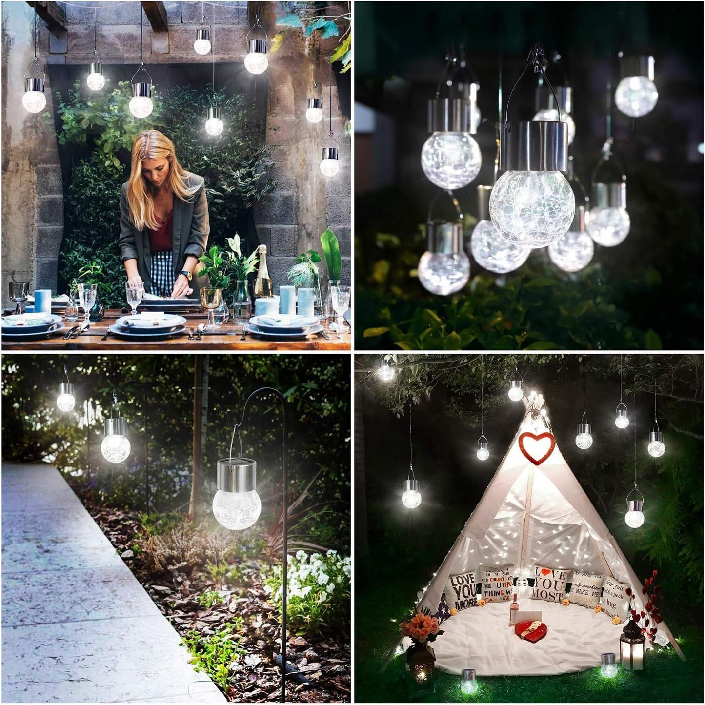 Lampa Solara LED Tip Candelabru, Pendul Decorativ de Exterior, Rezistenta la Apa, Bila din Sticla Crapata, Autonomie 6-12 H, Alb Cald, 9 x 5 cm
