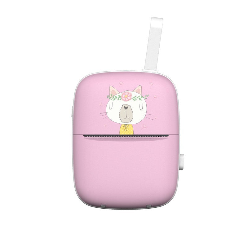 Mini Imprimanta Foto Portabila, Conexiune Bluetooth, Tehnologie Termica Fara Cerneala, Design Pisica, 200 DPI, 11 Piese, Include 5 Role Hartie Termica, 5 Role Autocolante si Markere, Roz
