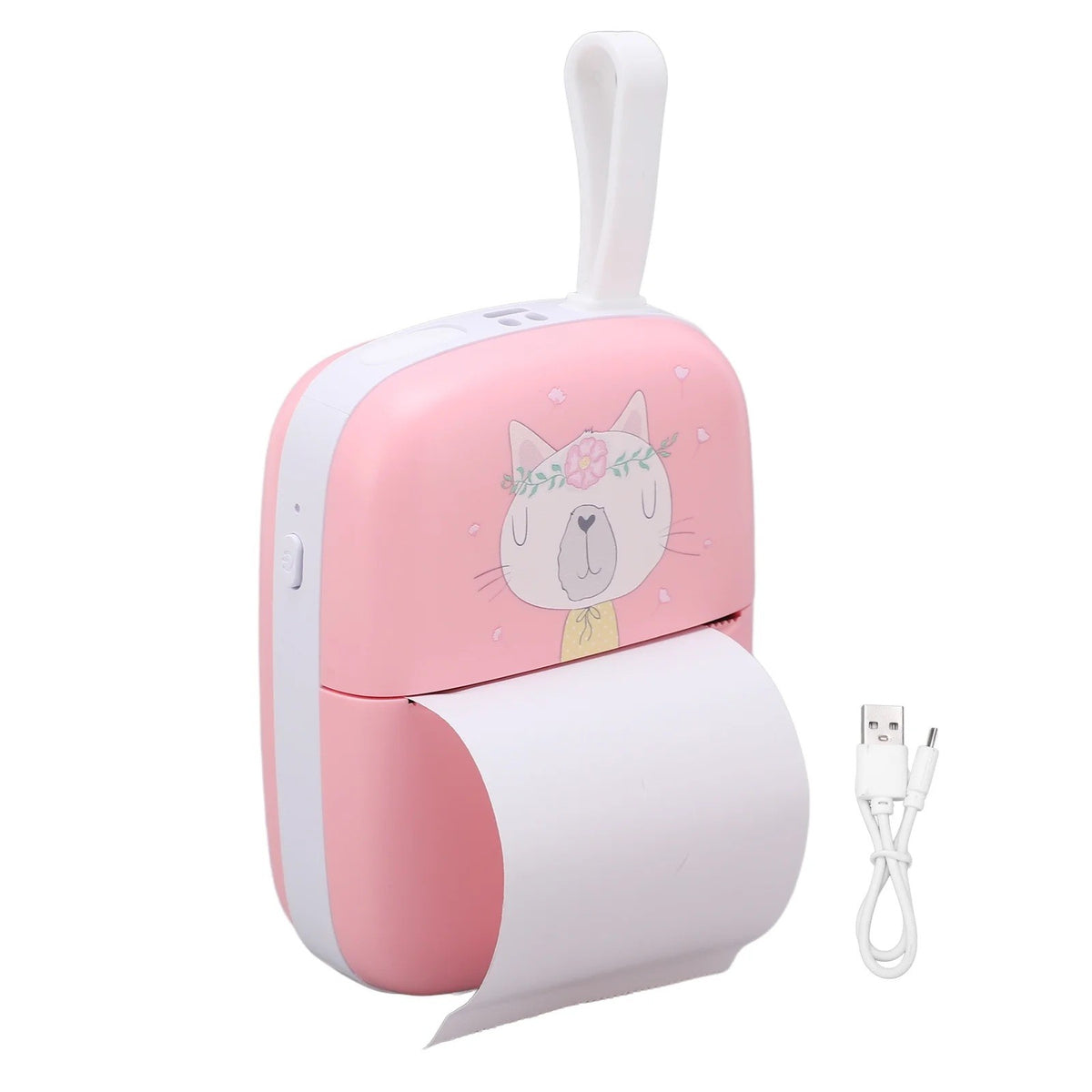 Mini Imprimanta Foto Portabila, Conexiune Bluetooth, Tehnologie Termica Fara Cerneala, Design Pisica, 200 DPI, 11 Piese, Include 5 Role Hartie Termica, 5 Role Autocolante si Markere, Roz