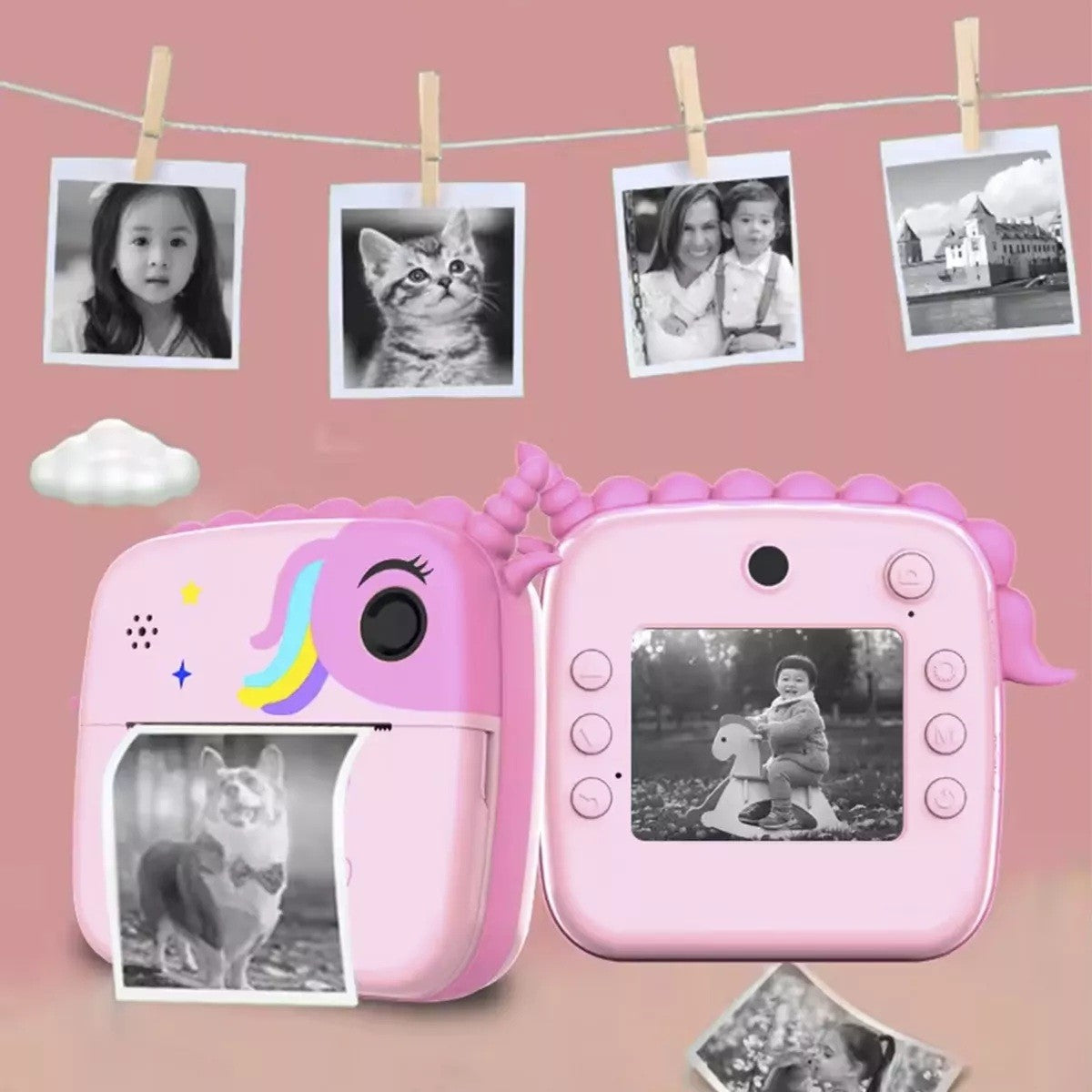 Cameră Foto Instantanee pentru Copii, Imprimare Termică Alb-Negru, Ecran HD 2.4 Inch, 24MP, Video 1080P, Bluetooth, Baterie 1200 mAh, Include 10 Role Hârtie și Markere, Model Unicorn, Roz