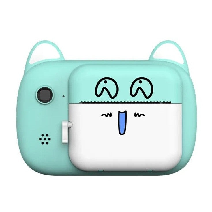 Cameră Foto Instantanee pentru Copii, Selfie Full HD 1080P, Ecran 2.4 Inch, Imprimare Termică Alb-Negru, Bluetooth și Aplicație, ABS și Silicon, Model Pisică Emoji, Bleu