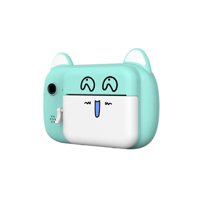 Cameră Foto Instantanee pentru Copii, Selfie Full HD 1080P, Ecran 2.4 Inch, Imprimare Termică Alb-Negru, Bluetooth și Aplicație, ABS și Silicon, Model Pisică Emoji, Bleu