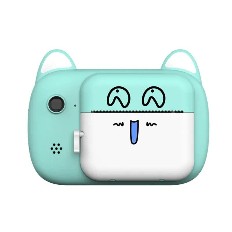 Cameră Foto Instantanee pentru Copii, Selfie Full HD 1080P, Ecran 2.4 Inch, Imprimare Termică Alb-Negru, Bluetooth și Aplicație, ABS și Silicon, Model Pisică Emoji, Bleu