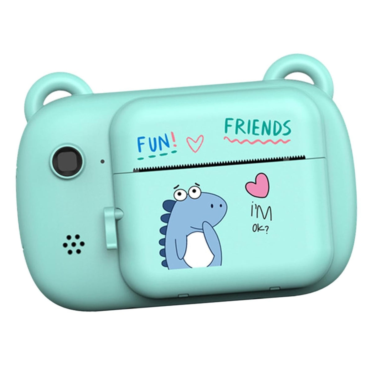 Cameră Foto Instantanee pentru Copii, Imprimare Termică Alb-Negru, Selfie, Video 1080P, Ecran HD 2.4 Inch, Bluetooth și Aplicație, ABS și Silicon, Model Dinozaur, Albastru