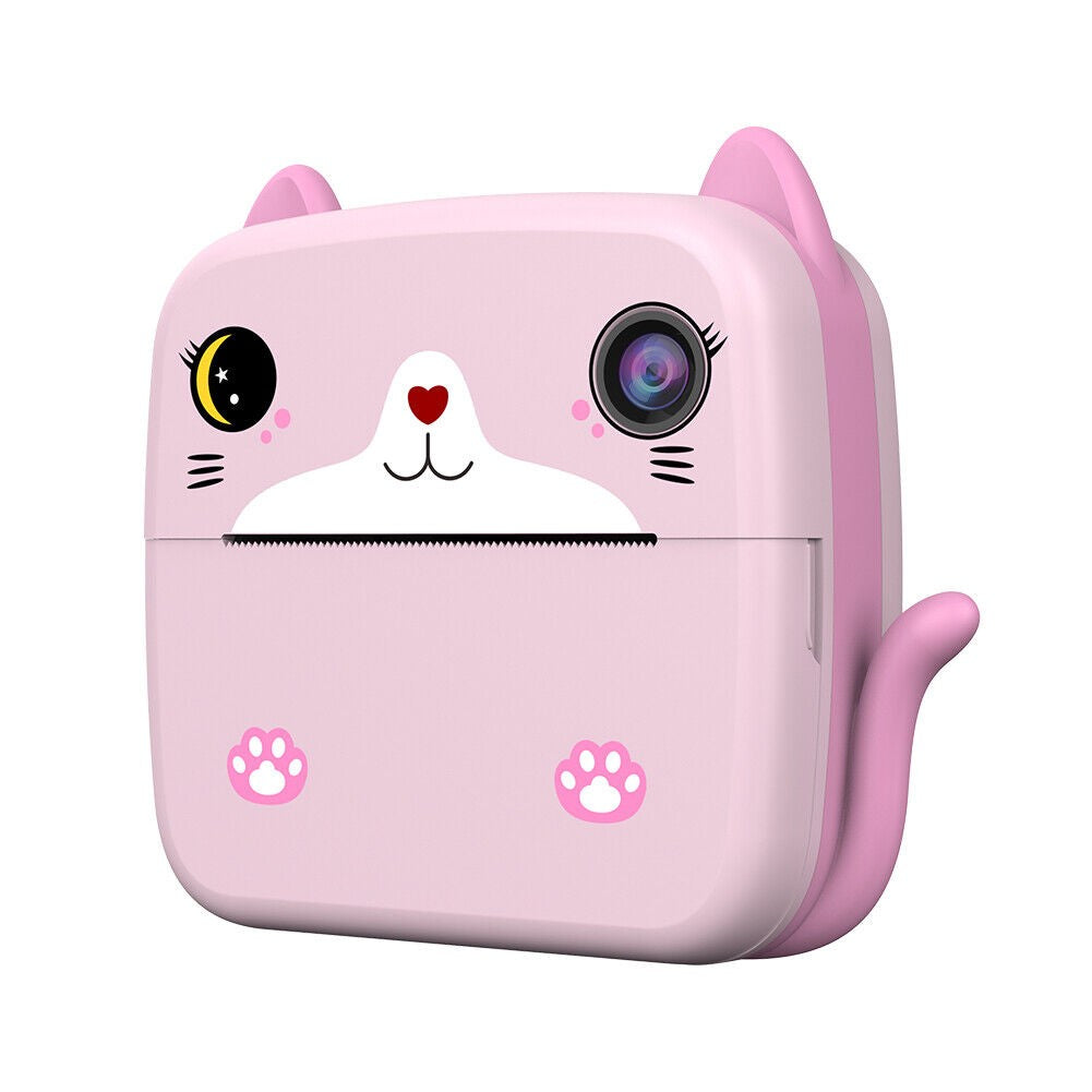 Aparat Foto Instant pentru Copii, Camera Foto Video 24MP, Imprimare Termica Alb-Negru, Ecran HD 2.4 Inch, Bluetooth, Slot Card 32GB, Acumulator 1200mAh, Include 10 Role Hartie si Markere, Model Kitty, Roz