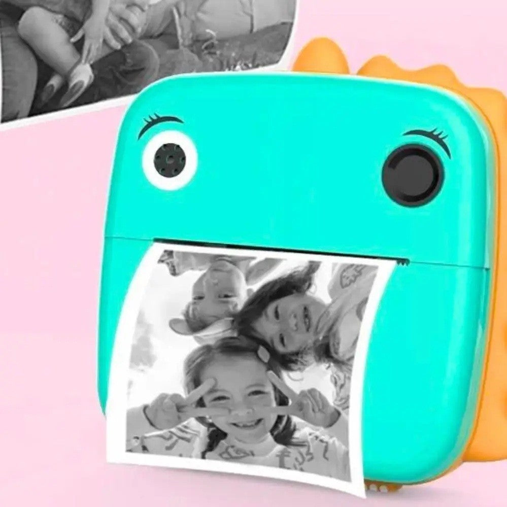 Camera Foto Instantanee pentru Copii, Functie Printare Termica Alb-Negru, 24MP, Video 1080P, Ecran HD 2.4 Inch, Bluetooth, Acumulator 1200 mAh, Include 10 Role Hartie si Markere, Model Dinozaur, Turcoaz