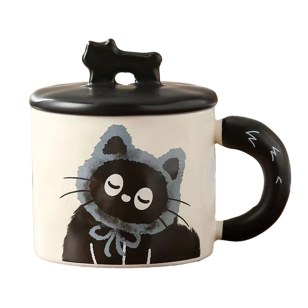 Cana Ceramica pentru Ceai si Cafea, Design Retro cu Capac si Figurina 3D, Cutie Cadou Inclusa, Imprimeu Pisica, 360 ml, Bej/Multicolor