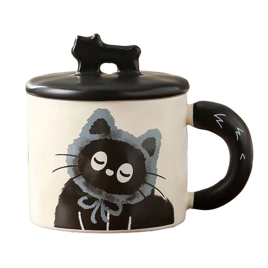 Cana Ceramica pentru Ceai si Cafea, Design Retro cu Capac si Figurina 3D, Cutie Cadou Inclusa, Imprimeu Pisica, 360 ml, Bej/Multicolor