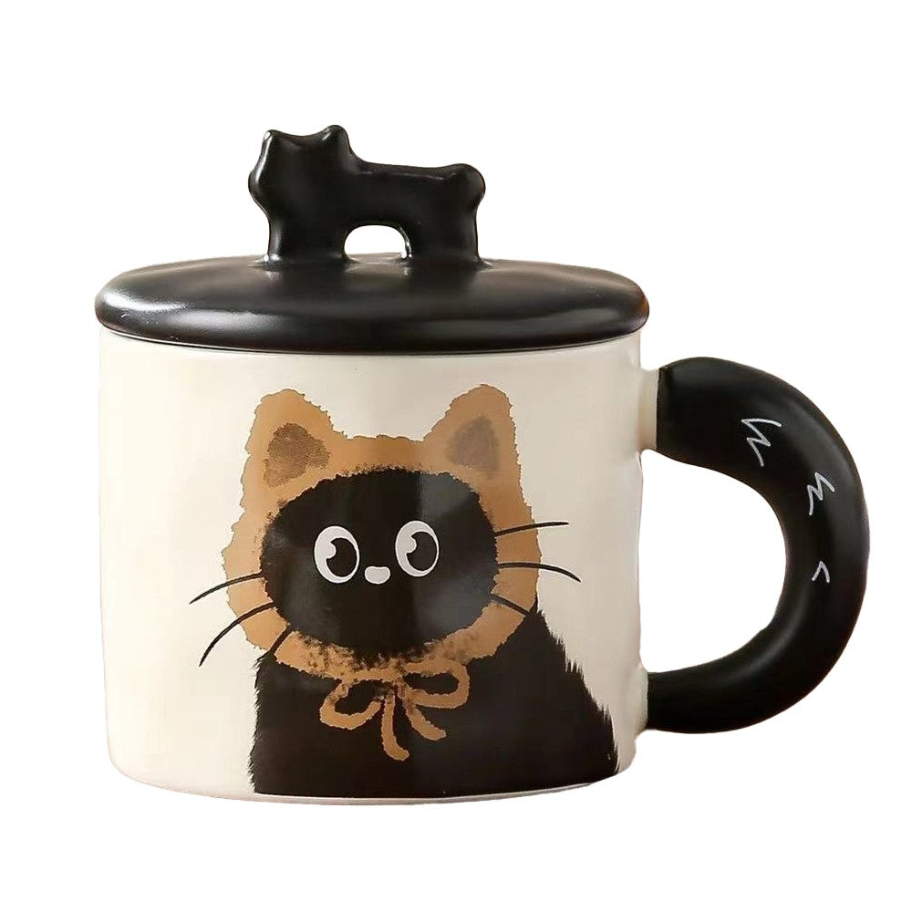 Cana din Ceramica pentru Ceai sau Cafea, Design Retro cu Capac si Figurina 3D, Cutie Cadou Inclusa, Print Pisica, 360 ml, 9.5 x 8 x 8 cm, Bej