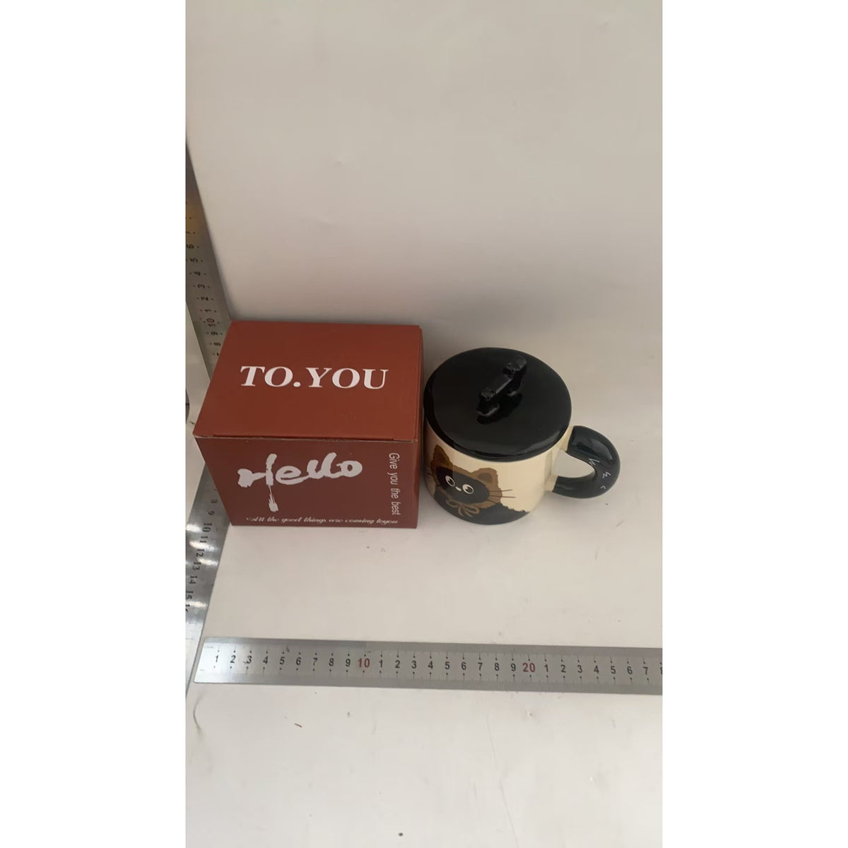 Cana din Ceramica pentru Ceai sau Cafea, Design Retro cu Capac si Figurina 3D, Cutie Cadou Inclusa, Print Pisica, 360 ml, 9.5 x 8 x 8 cm, Bej