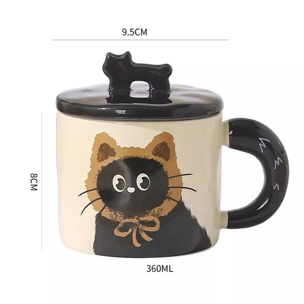 Cana din Ceramica pentru Ceai sau Cafea, Design Retro cu Capac si Figurina 3D, Cutie Cadou Inclusa, Print Pisica, 360 ml, 9.5 x 8 x 8 cm, Bej