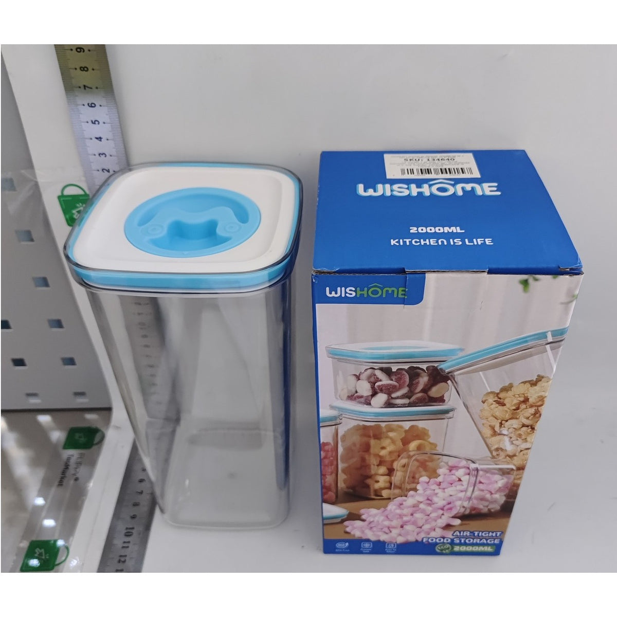 Cutie de Depozitare pentru Bucatarie, Recipient Alimentar Ermetic cu Inchidere prin Rasucire si Garnitura Silicon, Material ABS si PET Transparent, Capacitate 2L, Albastru/Alb, 11.5 x 23 x 8 cm