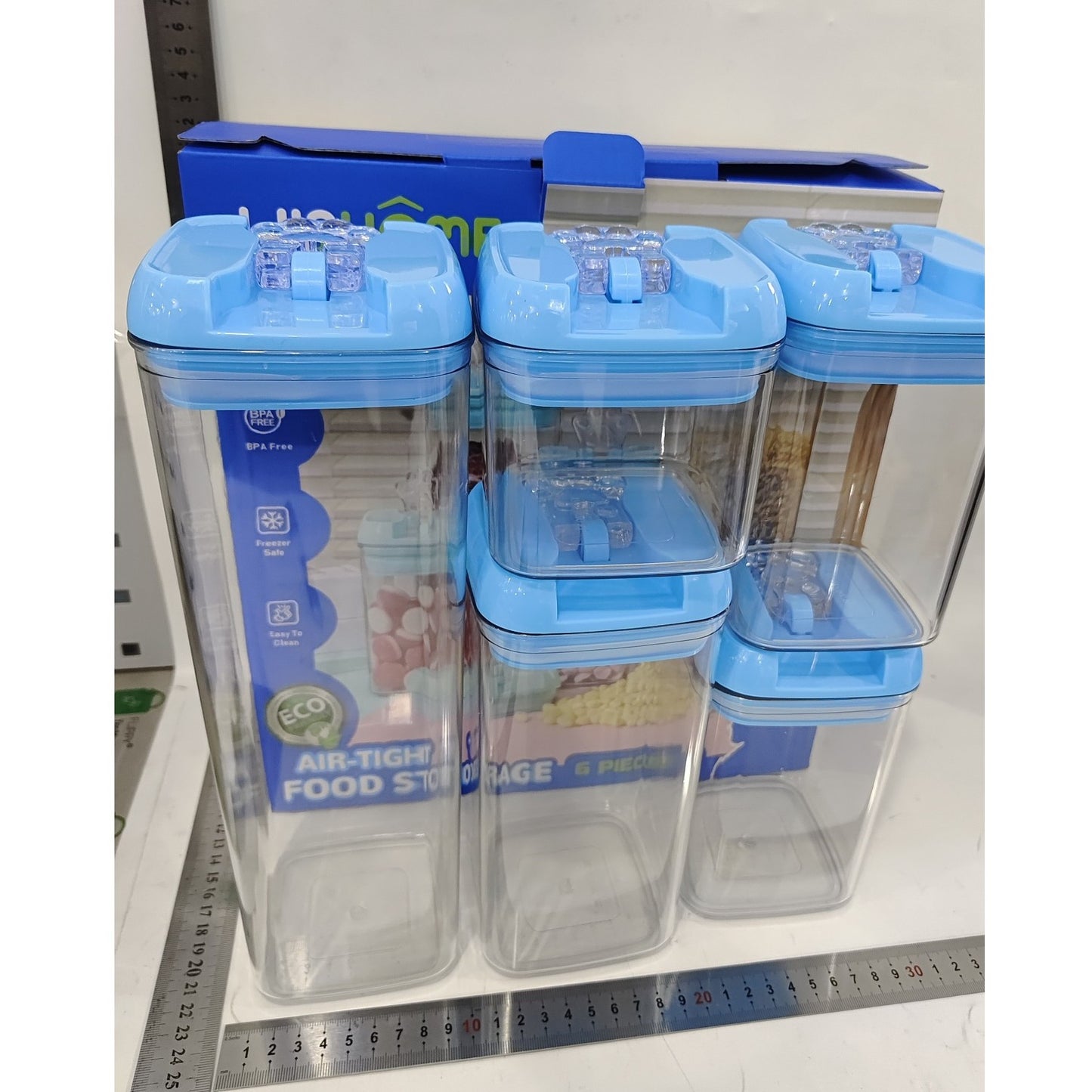 Set Cutii Depozitare Alimente, Recipiente Ermetice Stivuibile cu Capac Albastru, Plastic PP și PET Transparent, 5 Piese, 500ml, 2x800ml, 1200ml, 1900ml