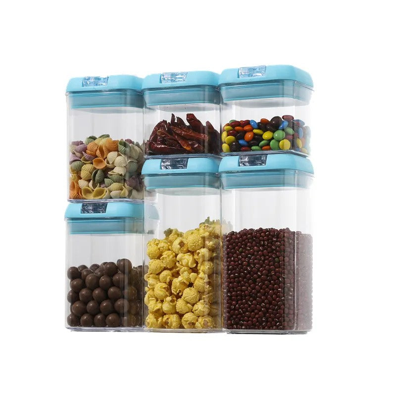 Set 6 Cutii Depozitare Alimente, Recipiente Ermetice Stivuibile, Organizator Bucatarie Transparent, Plastic PP si PET, Capac Albastru, 2x500ml, 2x800ml, 2x1200ml
