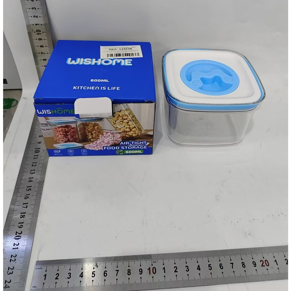 Cutie de Depozitare pentru Bucatarie, Recipient Alimentar Ermetic si Stivuibil, ABS si PET Transparent, Capac Alb/Albastru, 600 ml, 11.5 x 8 x 8 cm
