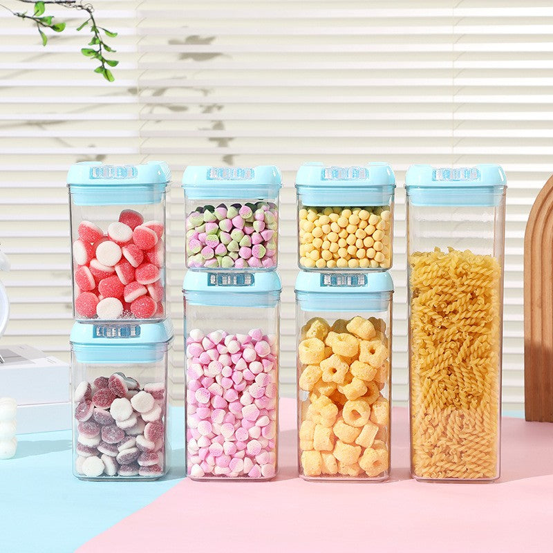 Set 7 Cutii de Depozitare Alimente, Recipiente Stivuibile cu Inchidere Ermetica, Plastic PP si PET Transparent, Capace Albastre, 7 Bucati, 0.5L - 1.9L