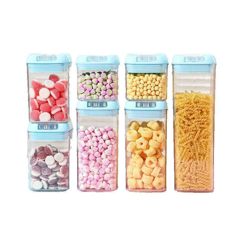 Set 7 Cutii de Depozitare Alimente, Recipiente Stivuibile cu Inchidere Ermetica, Plastic PP si PET Transparent, Capace Albastre, 7 Bucati, 0.5L - 1.9L