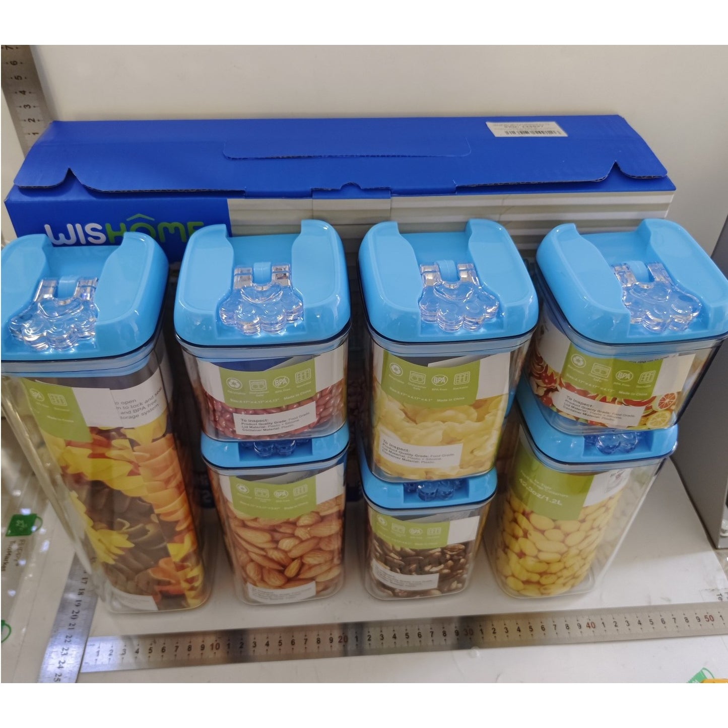 Set 7 Cutii de Depozitare Alimente, Recipiente Stivuibile cu Inchidere Ermetica, Plastic PP si PET Transparent, Capace Albastre, 7 Bucati, 0.5L - 1.9L