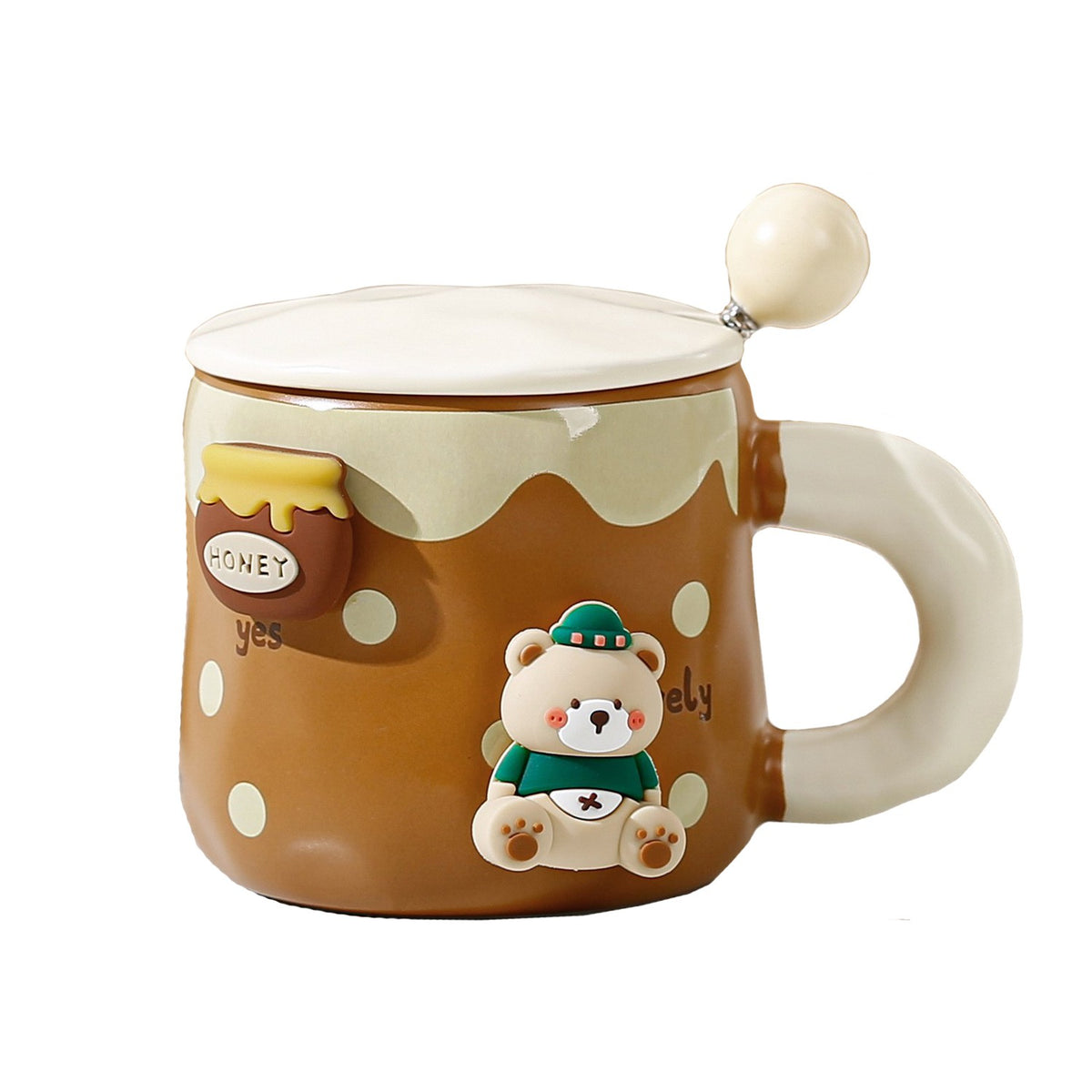 Cana din Ceramica pentru Ceai sau Cafea, Model Urs cu Figurina Magnetica Detasabila, Include Capac si Lingurita Metalica, 400 ml, Maro Inchis