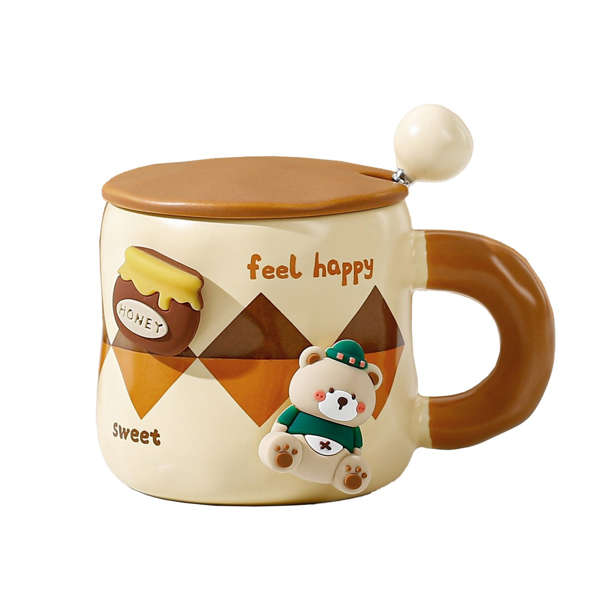 Cana din Ceramica pentru Ceai sau Cafea, Model Urs cu Figurina Magnetica Detasabila, Include Capac si Lingurita Metalica, 400 ml, Crem
