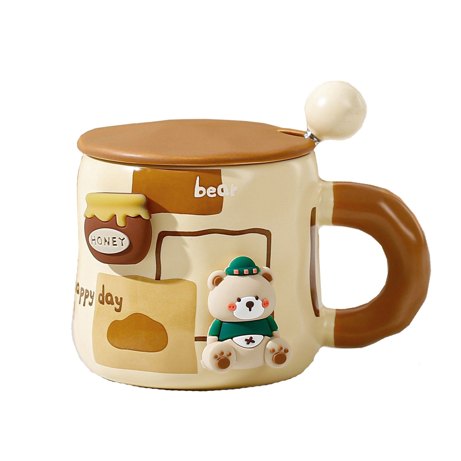 Cana din Ceramica pentru Ceai sau Cafea, Model Urs cu Figurina Magnetica Detasabila, Include Capac si Lingurita Metalica, 400 ml, Bej