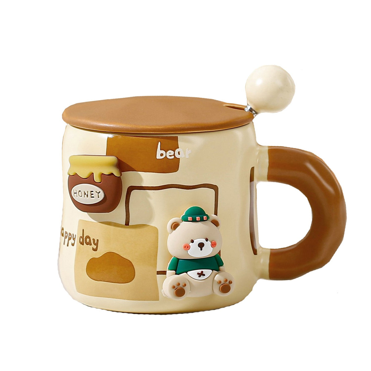 Cana din Ceramica pentru Ceai sau Cafea, Model Urs cu Figurina Magnetica Detasabila, Include Capac si Lingurita Metalica, 400 ml, Bej