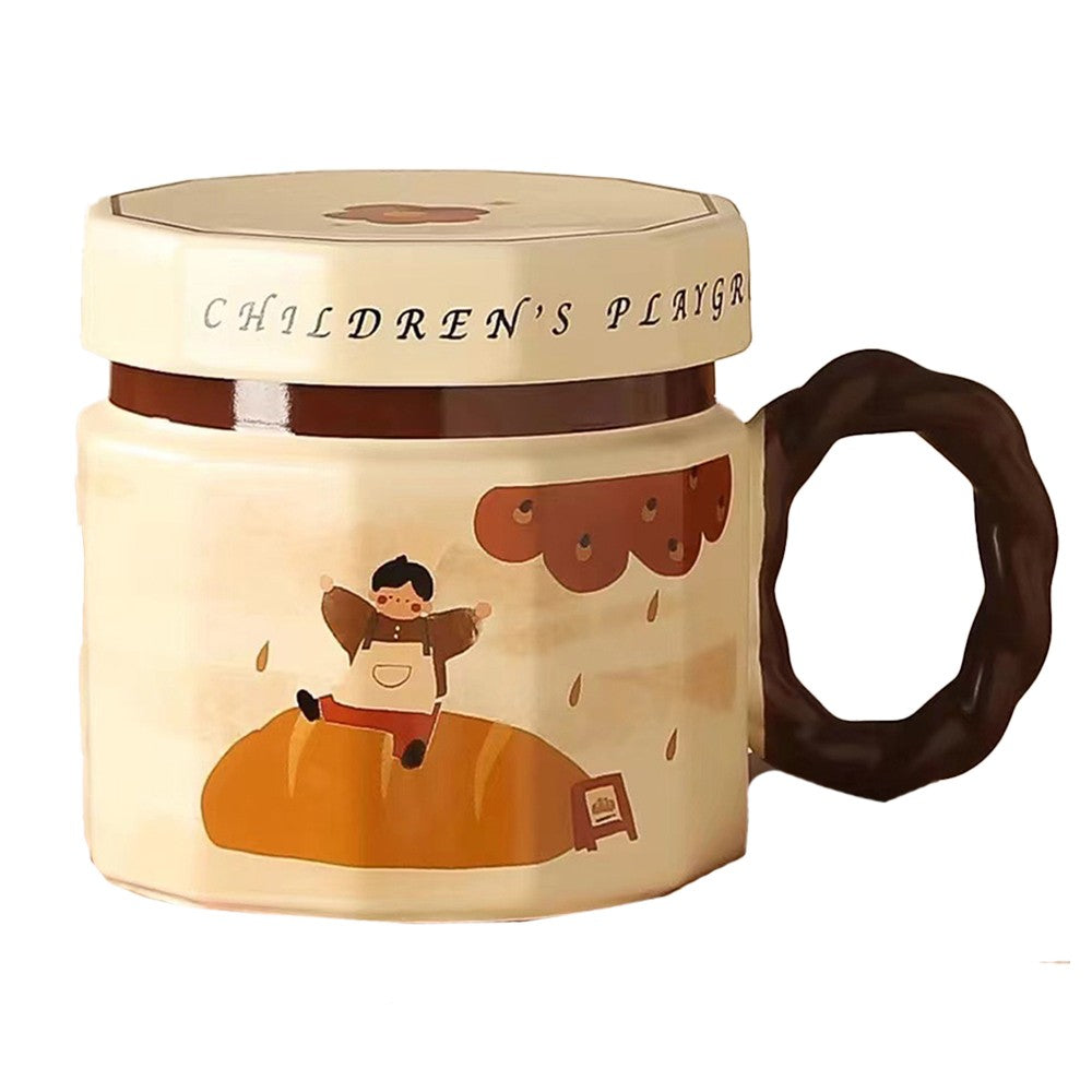 Cana Ceramica pentru Cafea si Ceai cu Capac, Model Baietel, Unisex, Ceramica, 400 ml, 9 x 8 x 8 cm, Bej