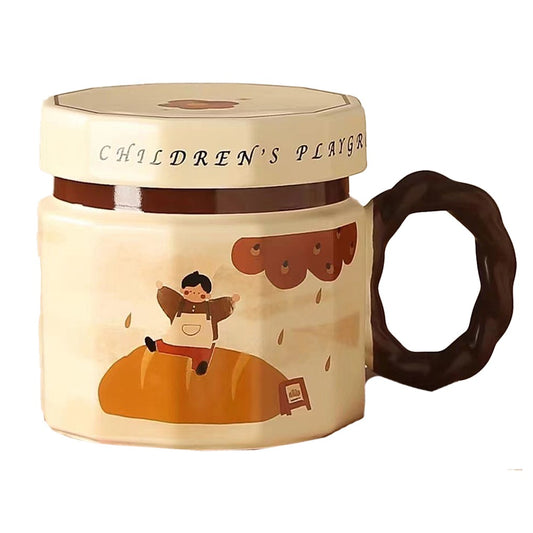 Cana Ceramica pentru Cafea si Ceai cu Capac, Model Baietel, Unisex, Ceramica, 400 ml, 9 x 8 x 8 cm, Bej