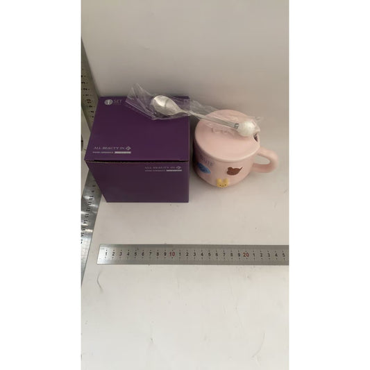Cana din Portelan pentru Copii, Imprimeu Figurine Animale, Model Cute cu Capac si Lingurita, Ceasca Cafea sau Ceai, 400 ml, Roz