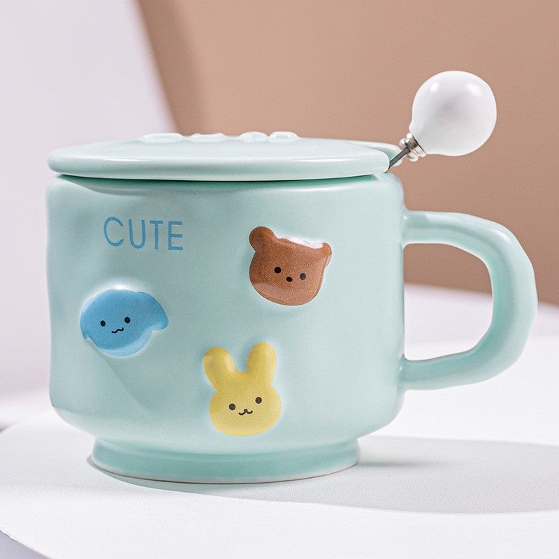 Cana Ceramica pentru Copii cu Model Animalute, Ceasca Portelan pentru Ceai si Cafea, Set cu Capac si Lingurita, 400 ml, Albastru