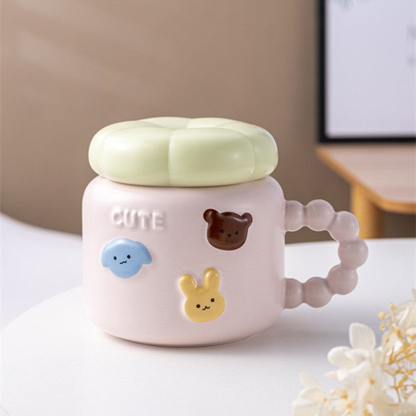 Cana pentru Copii si Cafea, Portelan cu Imprimeu Animale, Model Cute, Capac Inclus, 400 ml, Roz
