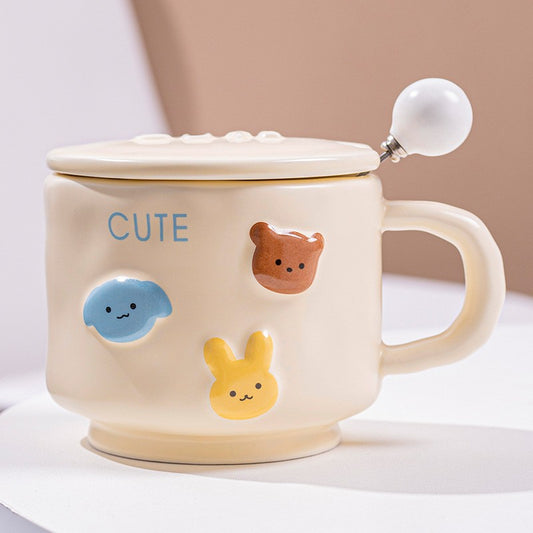 Cana din Portelan pentru Copii cu Design Animalute, Cana Ceramica pentru Ceai si Cafea, Model Cute cu Capac si Lingurita, 400ml, Galben