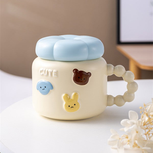 Cana pentru Copii si Cafea, Model Cute cu Figurine Animale, Portelan cu Capac, 400ml, Galben Deschis